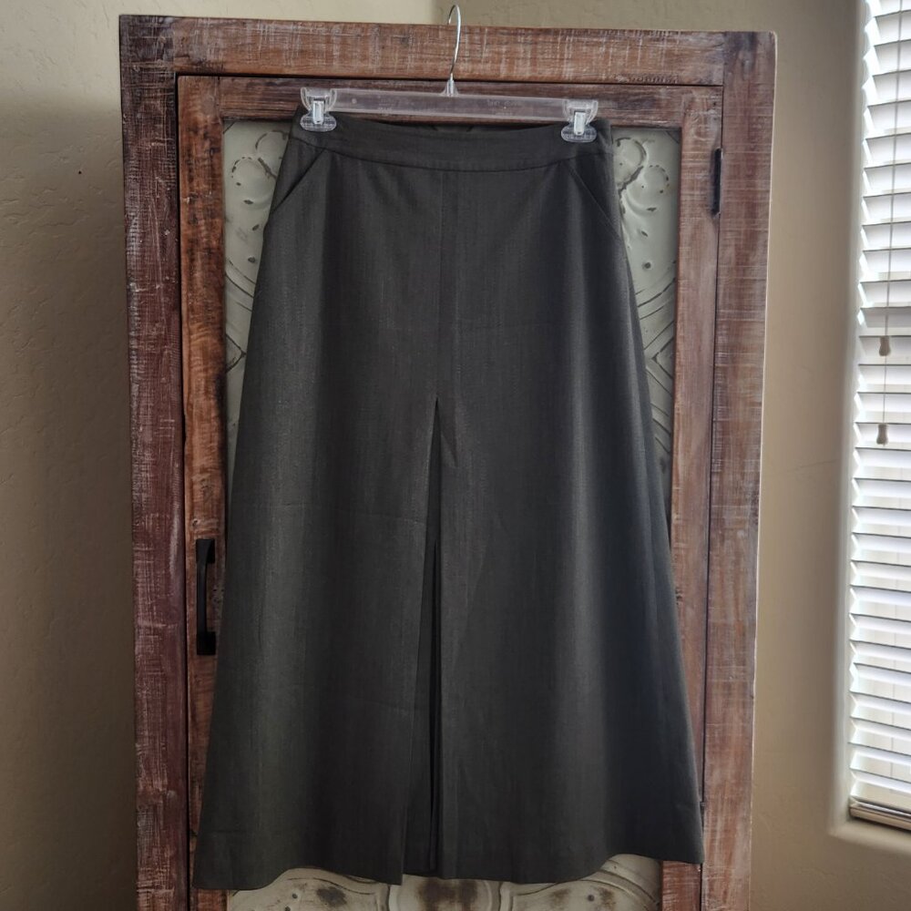 Olive Green Wool Midi-length Skirt with Pleated Center Slit | Size 8